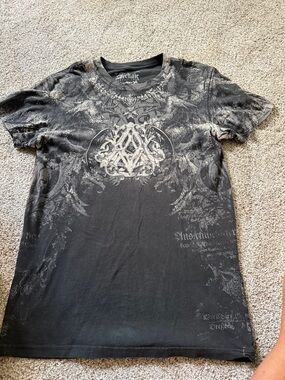 Affliction Black Tee with Distressed Silver Emblem